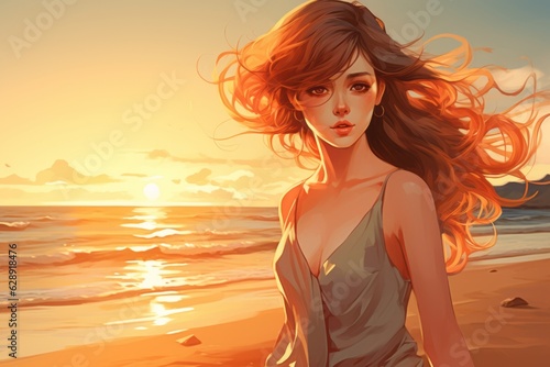 Solitude at Sunset: A captivating anime woman walking to the sun at the beach, Generative AI