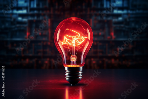 leuchtende Glühbirne in roter Farbe mit dunklem Hintergrund. Generative Ai.