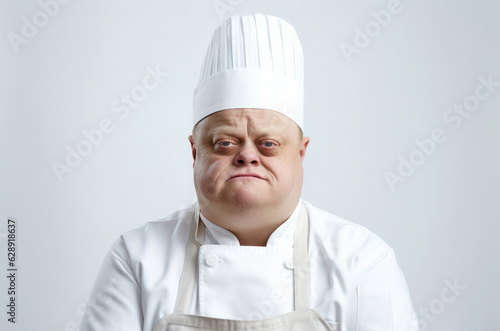 A portrait of a middle aged man with Down syndrome who is a cook on white background. Generated Ai