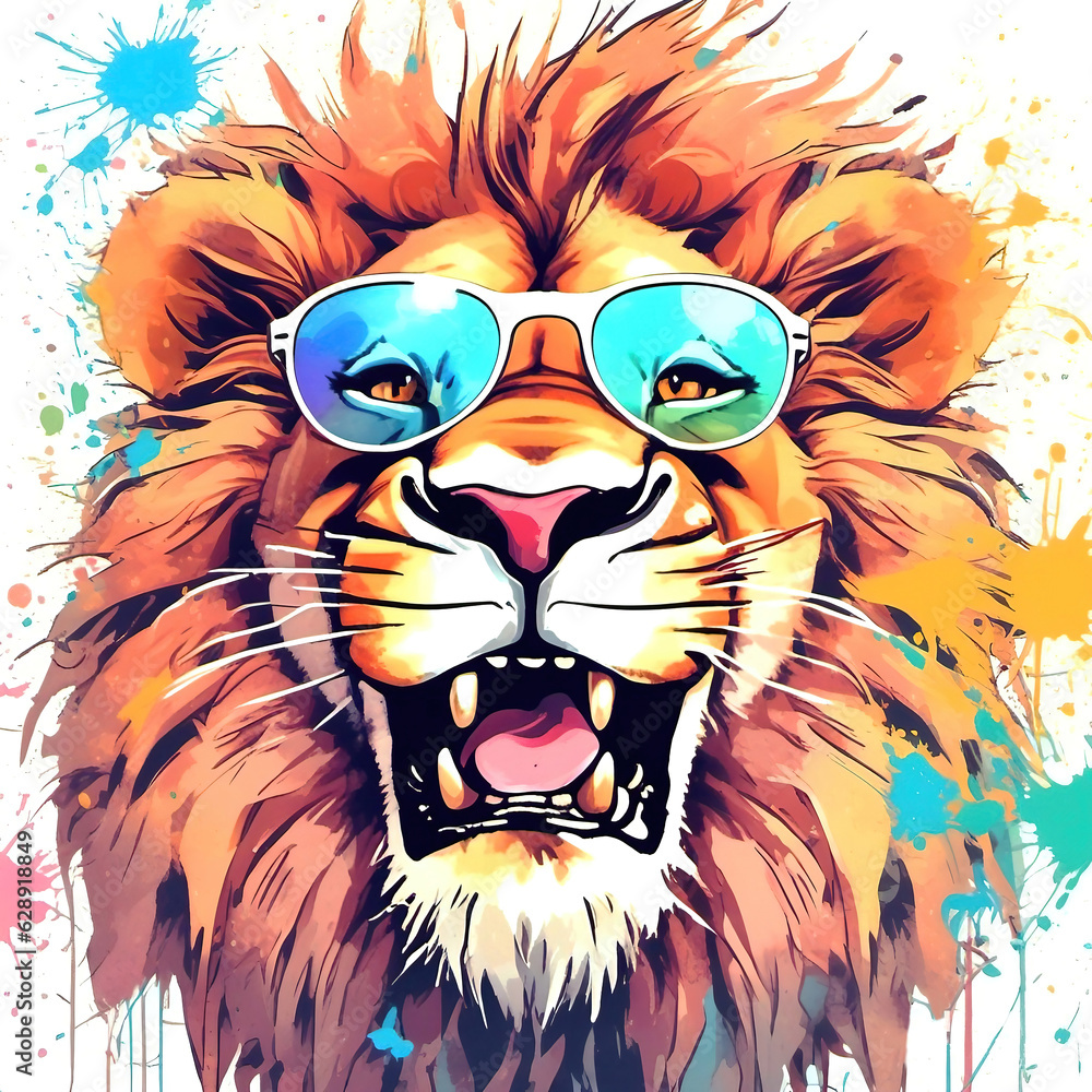 Funny lion in sunglasses with fantasy paint splashes around, watercolor illustration