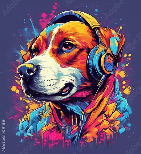 Dog in headphones flat vector style illustration for sticker, clip art, vintage t-shirt design.