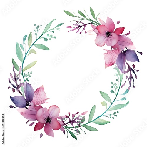 A watercolor floral wreath in pink  purple and green hues generative AI