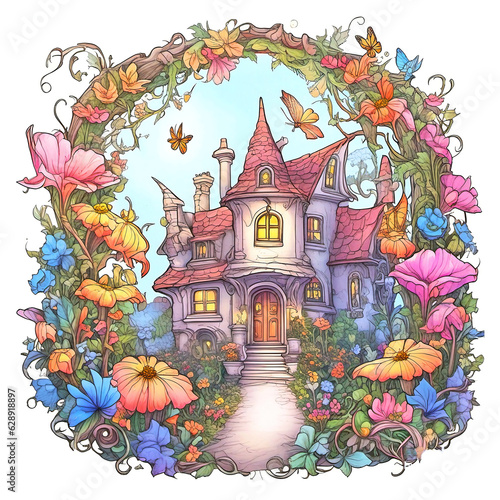Fairytale house with flowers, cute watercolor ink style illustration.