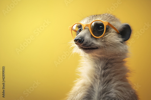 Creative animal concept. Meerkat in sunglass shade glasses isolated on solid pastel background, commercial, editorial advertisement, surreal surrealism