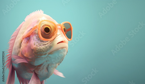 Fototapeta Naklejka Na Ścianę i Meble -  Creative animal concept. Fish in sunglass shade glasses isolated on solid pastel background, commercial, editorial advertisement, surreal surrealism