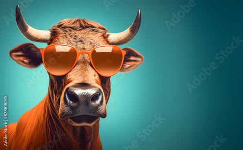 Creative animal concept. Bull in sunglass shade glasses isolated on solid pastel background, commercial, editorial advertisement, surreal surrealism