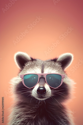Creative animal concept. Raccoon racoon in sunglass shade glasses isolated on solid pastel background, commercial, editorial advertisement, surreal surrealism