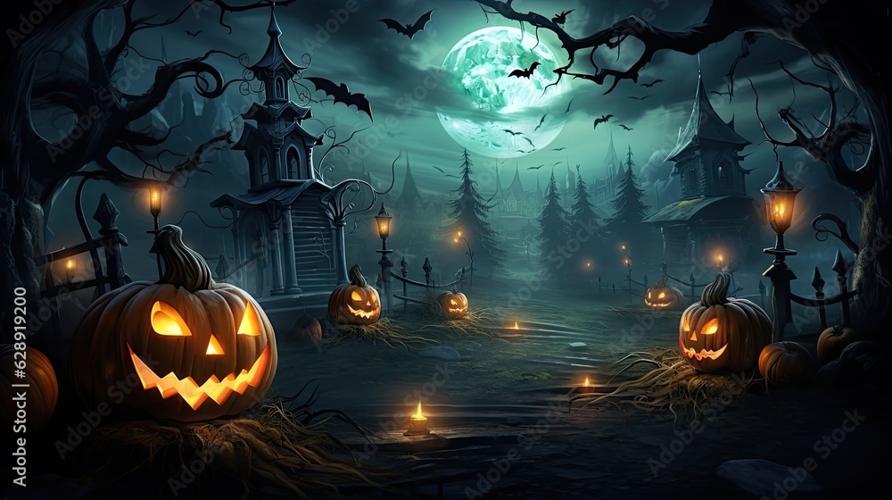 Scary Halloween night with a glowing lantern and creepy ghosts roaming a haunted cemetery. Spooky atmosphere and eerie silhouette of a haunted house. Concept of horror and darkness. Scary Halloween night with a glowing lantern and creepy ghosts roaming a haunted cemetery. Spooky atmosphere and eerie silhouette of a haunted house. Concept of horror and darkness.