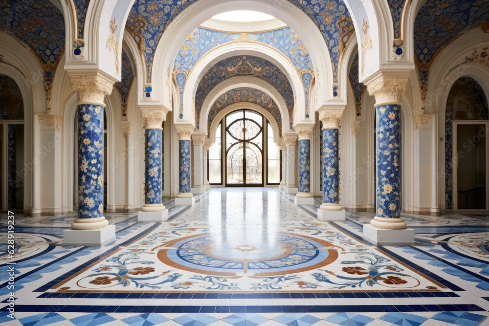 Obraz premium Grand Ornate Hall with Blue and White Tiled Floor and Floral Patterns