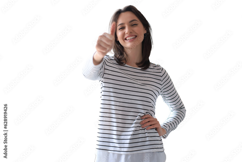 Young happy cheerful woman showing thumb up on a transparent background Young happy cheerful woman showing thumb up on a transparent background