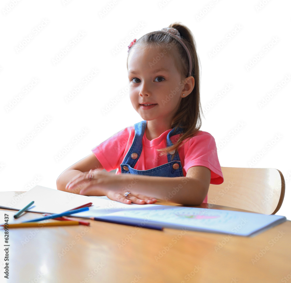 Smilling happy girl sitting in the table enjoying creative activity, drawing pencils coloring pictures in albums on a transparent background. Smilling happy girl sitting in the table enjoying creative activity, drawing pencils coloring pictures in albums on a transparent background.