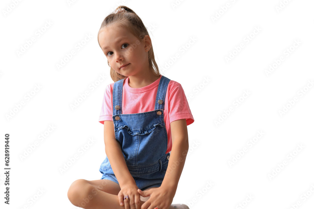 Excited child looking at camera while sitting on a transparent background Excited child looking at camera while sitting on a transparent background