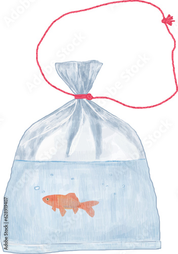 Illustration of a red goldfish in a plastic bag