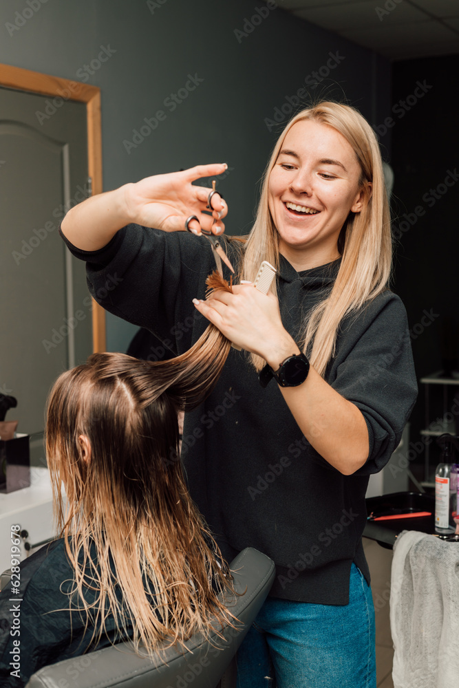 Fototapeta premium A hairdresser cuts a blonde's hair in a beauty salon. Women's haircut