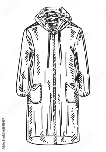 Doodle of raincoat. Outline drawing of rainy weather accessory. Hand drawn vector illustration. Single clipart isolated on white background.