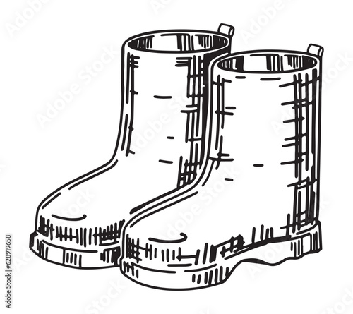 Doodle of rubber boots. Outline drawing of rainy weather accessory. Hand drawn vector illustration. Single clipart isolated on white background.