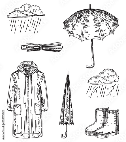 Set of rainy weather attributes. Sketches of raincoat, rubber boots, umbrellas, thunder clouds. Hand drawn vector illustrations. Outline clipart collection isolated on white.