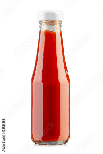 Glass bottle of ketchup isolated on white background. File contains clipping path.