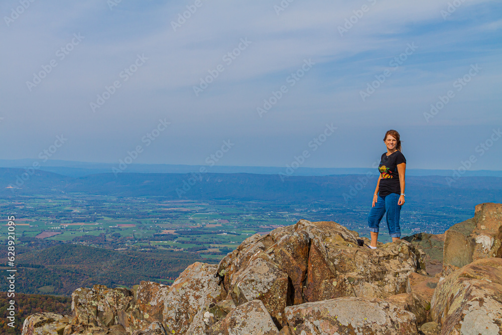 Female Hiker on Stony Man Mountain, Shenandoah National Park, Virginia, USA
