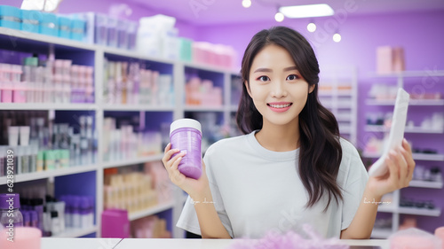 retail store owner Live broadcasting on the phone, Eco Care plastic free packaging box, young Asian woman recording video on tiktok IG reel instagram. generative AI