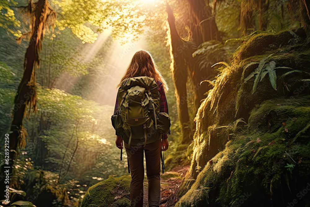 A solo girl traveler hiking through a green forest