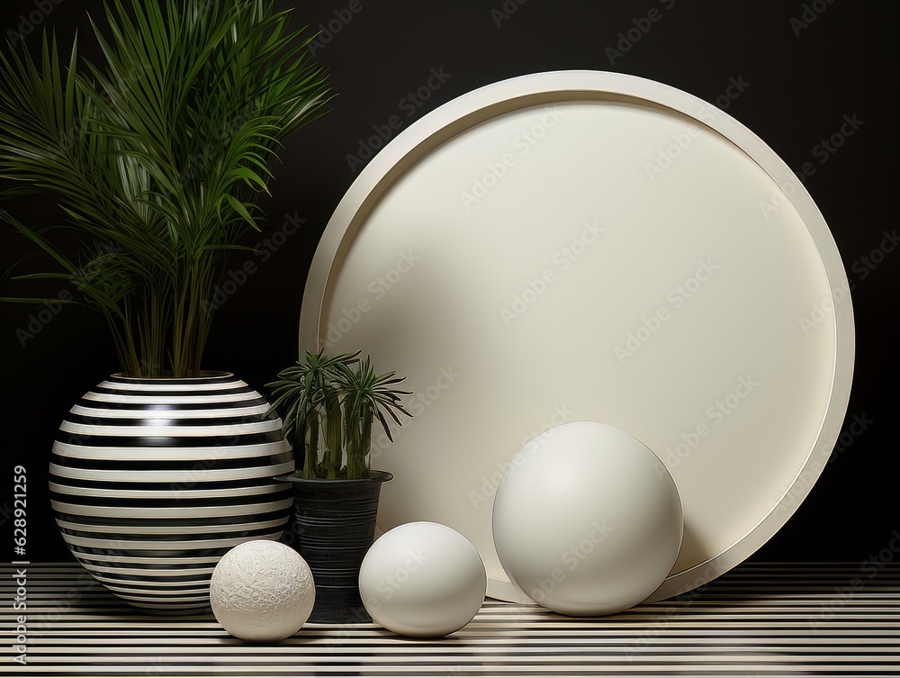 Abstract contrast black and biege scene with geometric shapes and plants. visualization AI Abstract contrast black and biege scene with geometric shapes and plants. visualization AI