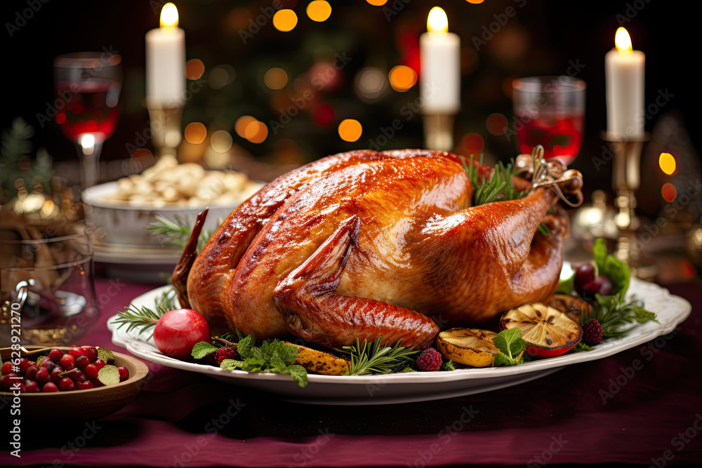 A beautifully decorated Christmas dinner table with a festive roast turkey A beautifully decorated Christmas dinner table with a festive roast turkey