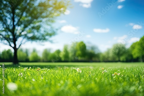 Beautiful blurred background image of summer nature with a neatly trimmed lawn surrounded by trees
