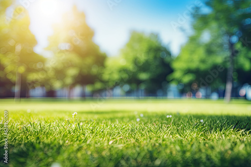 Beautiful blurred background image of summer nature with a neatly trimmed lawn surrounded by trees