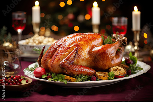 A beautifully decorated Christmas dinner table with a festive roast turkey 
