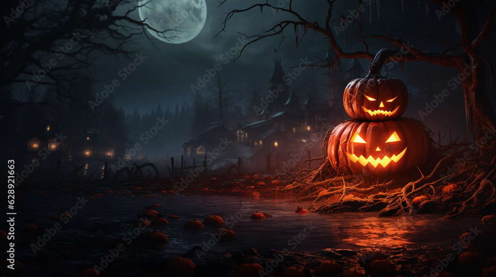 Halloween night scene background with castle with halloween pumpkin within flames in the graveyard and bats in the night, AI Generation - obrazy, fototapety, plakaty 