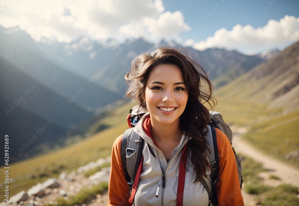 Beautiful smile attractive brunette women in mountain hiking