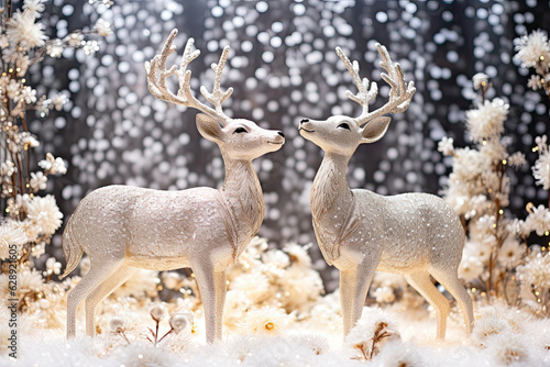 Crystal-encrusted reindeer figurines as part of a holiday display. 