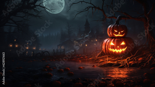 Halloween night scene background with castle with halloween pumpkin within flames in the graveyard and bats in the night, AI Generation photo