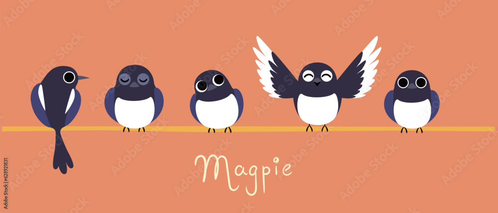 Obraz premium Front view of birds standing on wires. Cartoon magpie bird vector illustration.