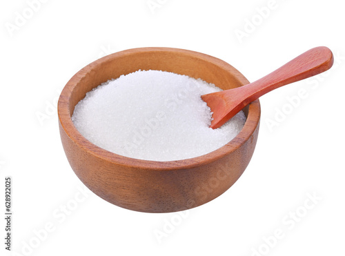 White sugar in red wood bowl and wood spoon on transparent png