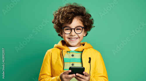 Little kid with a cell phone on a green background.