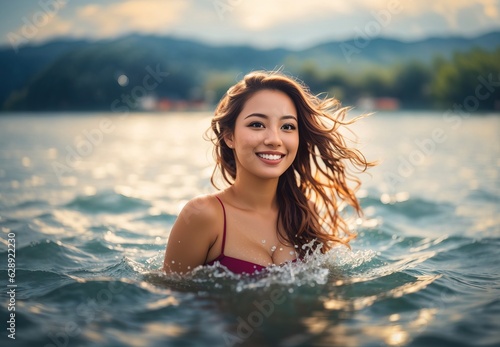 Beautiful smile attractive happy woman swim in the lake with blurred background