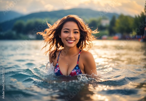 Beautiful smile attractive happy woman swim in the lake with blurred background