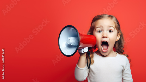 A child speaks into a loudspeaker isolated on red background.