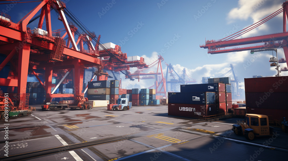 Design a state-of-the-art cargo container terminal with towering automated cranes, efficiently loading and unloading containers from massive cargo ships, showcasing a seamless logi Generative AI