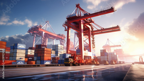 Design a state-of-the-art cargo container terminal with towering automated cranes, efficiently loading and unloading containers from massive cargo ships, showcasing a seamless logi Generative AI