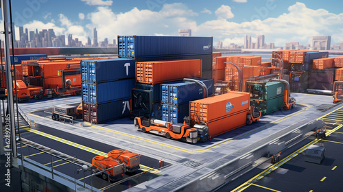 Create a high-capacity cargo container train station with automated loading and unloading platforms, efficiently transferring goods between rail and truck transport, enhancing inte Generative AI photo