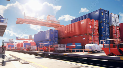 Create a high-capacity cargo container train station with automated loading and unloading platforms, efficiently transferring goods between rail and truck transport, enhancing inte Generative AI