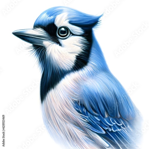 Portrait of a blue jay bird Realistic Digital Drawing isolated on a white backgorund Generative AI photo