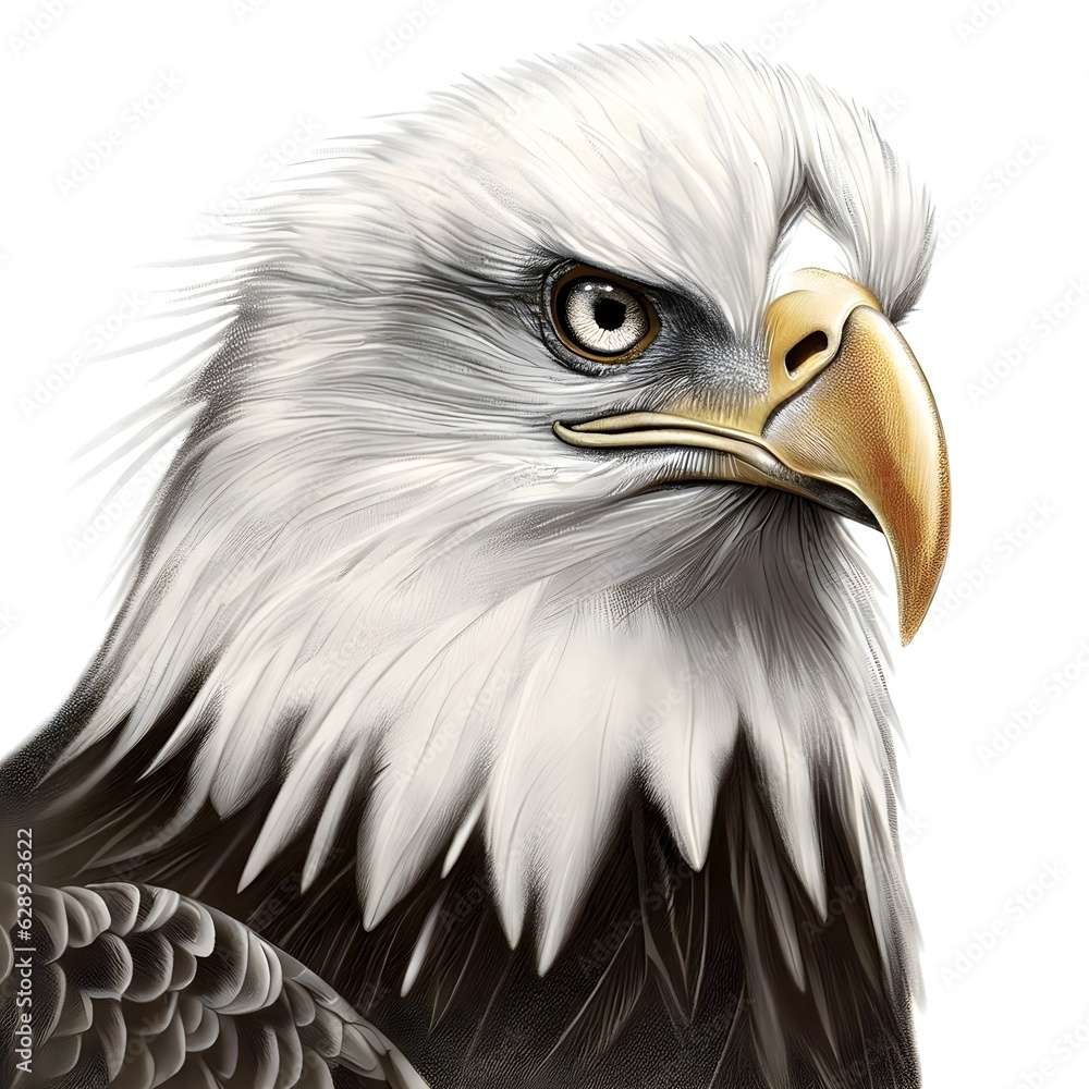 Obraz premium Portrait of a Bald Eagle Realistic Digital Drawing isolated on a white backgorund Generative AI