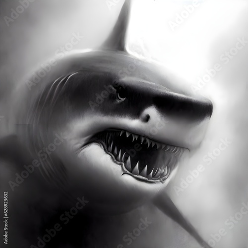 Portrait of a Great White Shark Realistic black and white Digital pencil Drawing Generative AI