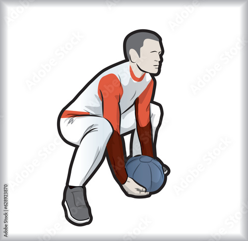 Vector cartoon illustration of a rally driver performing a medicine ball squat