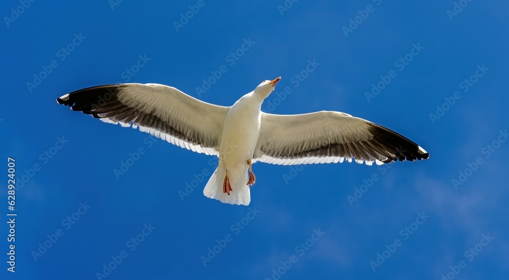 a seagull flying overhead against a blue sky with small clouds a seagull flying overhead against a blue sky with small clouds