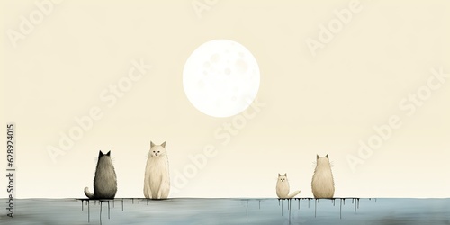 AI Generated. AI Generative. Vintage retro kids cartoon character cats sitting at moon and howling at night. Graphic Art